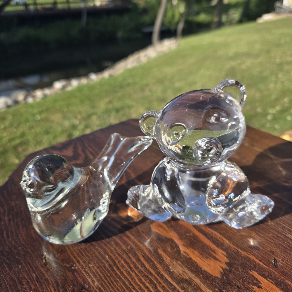 VTG Clear Solid Art Glass Teddy Bear Bird Figurine Paperweight Lot